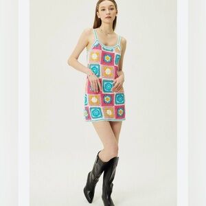 Crochet Square-Pattern Mini Dress in Pink & Blue